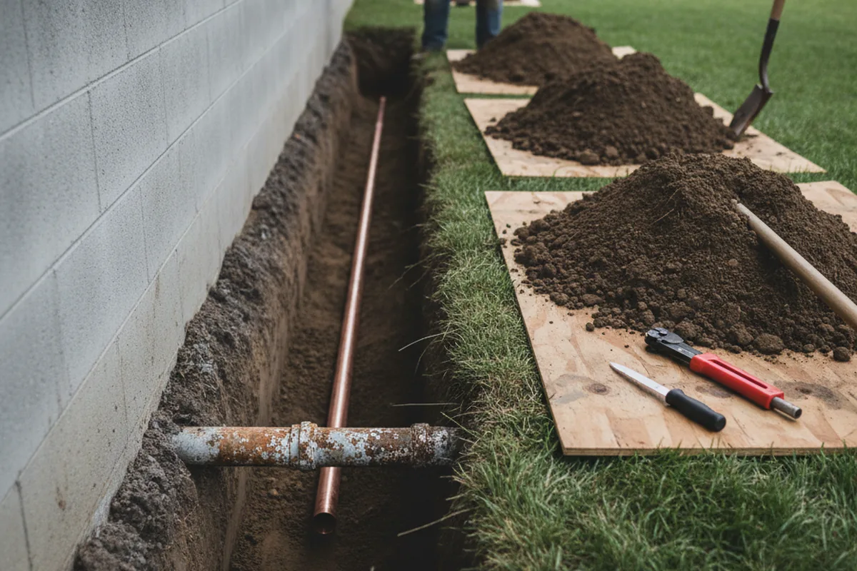 Excavated water line trench during Sewer Line Repair in Ashcamp